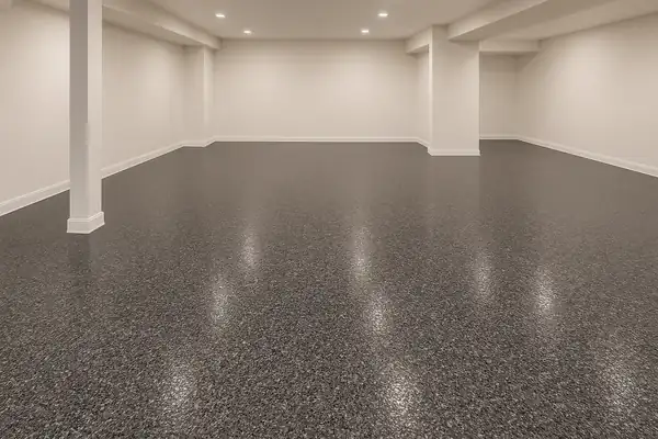 Rendered preview of a flake epoxy basement floor in the Tuxedo blend