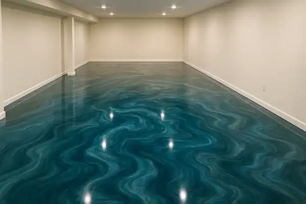 Rendered preview of a metallic epoxy basement floor in Ocean Pearl