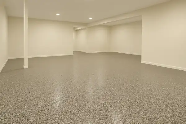 Rendered preview of a speckled, granite-look epoxy basement floor