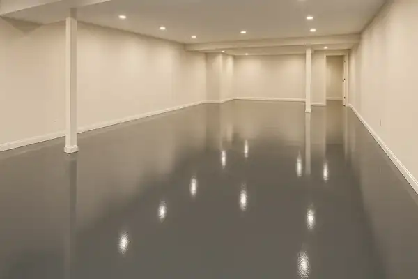 Rendered preview of a solid-color epoxy basement floor in slate gray
