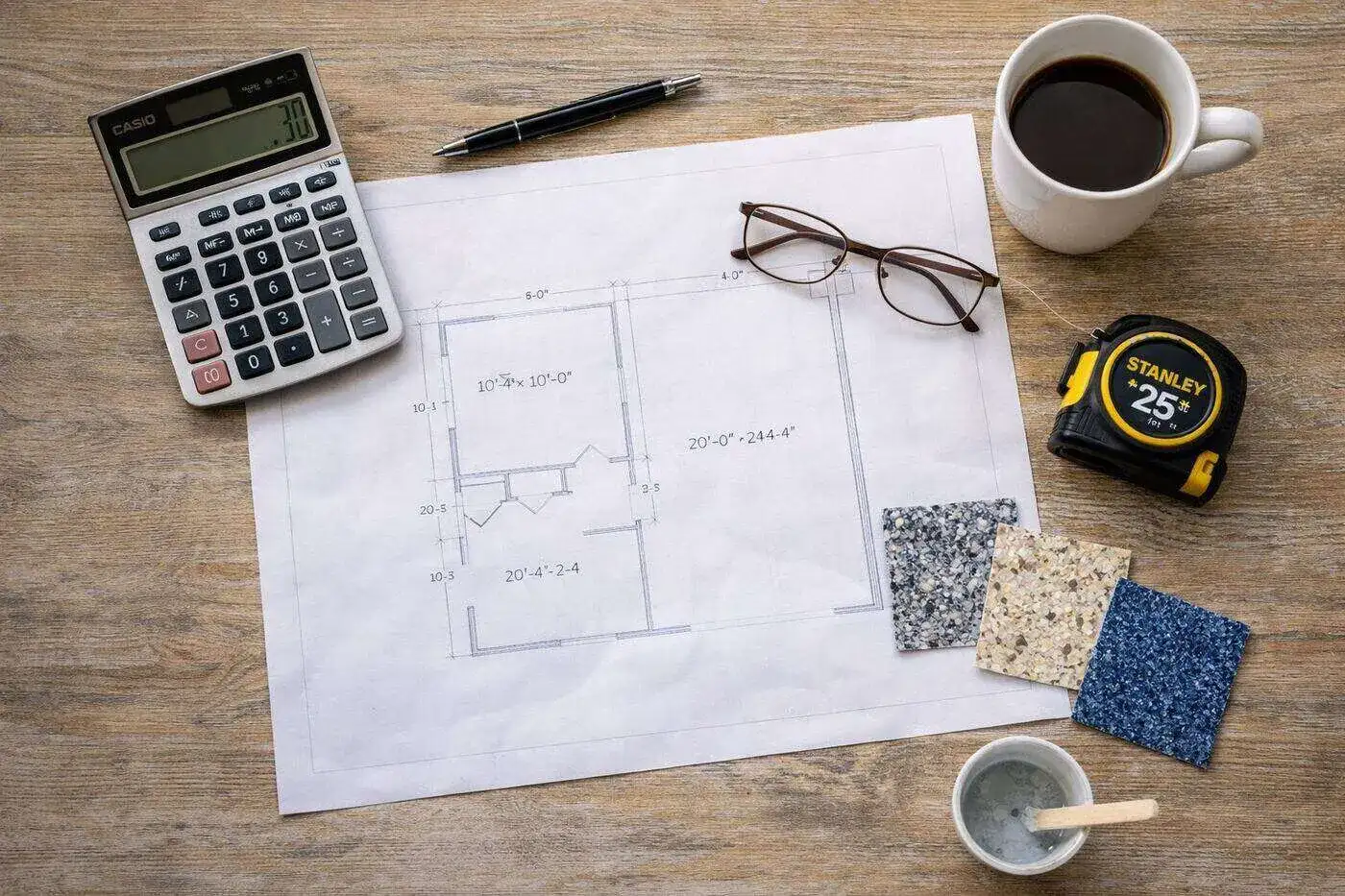Floor plan, calculator, tape measure and flake color chips for planning an epoxy floor in Loveland, OH