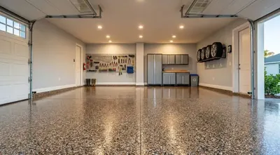 Clean decorative flake epoxy garage floor