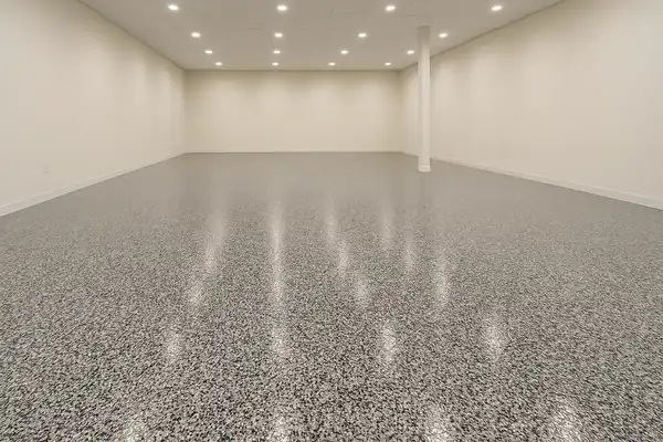 Rendered preview of a flake epoxy commercial shop floor in the Domino blend