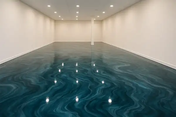 Rendered preview of a metallic epoxy commercial shop floor in Ocean Pearl