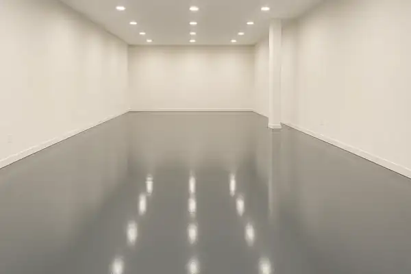 Rendered preview of a solid-color epoxy commercial shop floor in slate gray