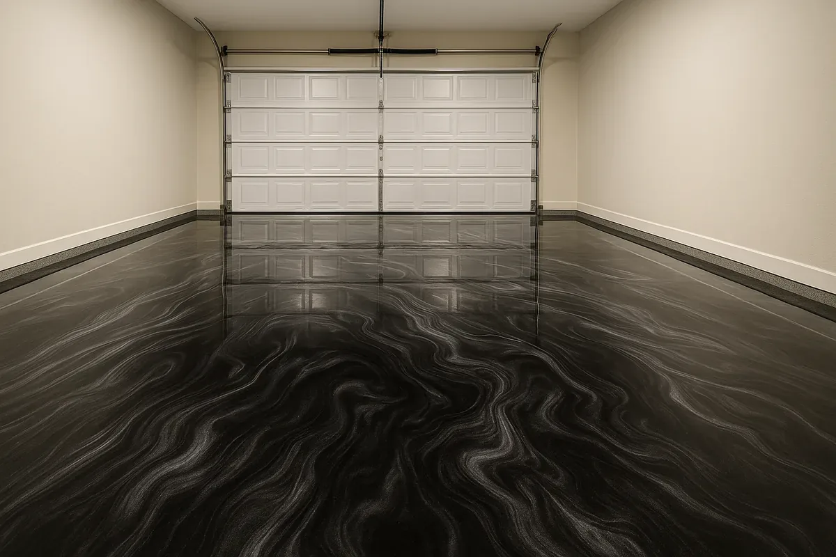 Sample render: metallic charcoal pearl epoxy in a 2-car garage