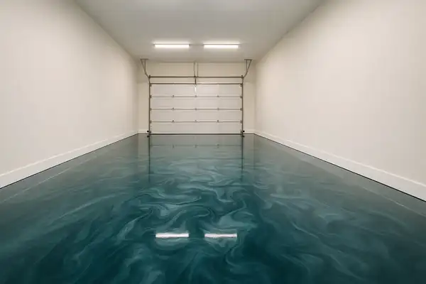 Two-car garage render with ocean-pearl metallic epoxy, Loveland, OH