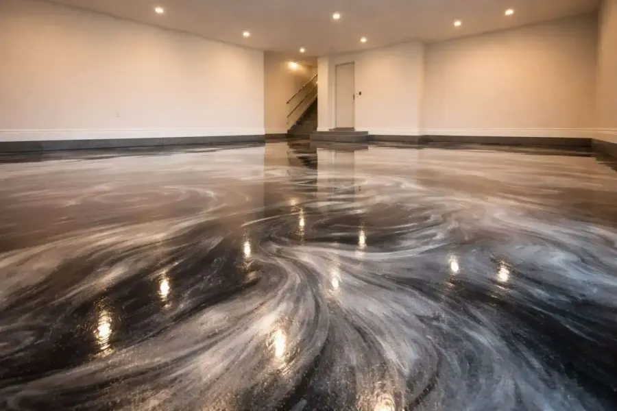 Metallic epoxy floor with silver swirls, Cincinnati, OH