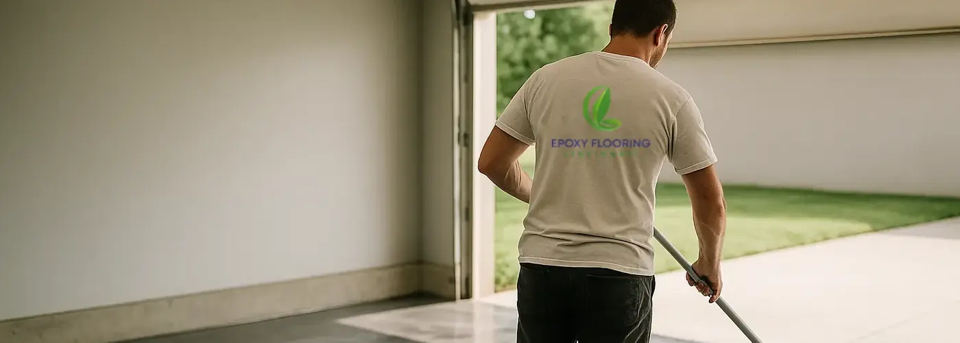 Installer rolling a coat of epoxy across a garage floor in Cincinnati