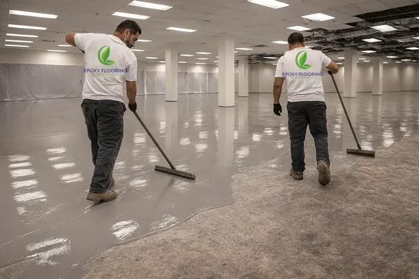 Crew spreading an epoxy coat across a commercial floor