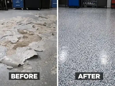 Before and after garage floor repair
