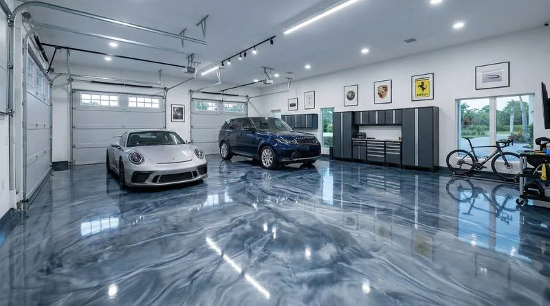 2-car garage blue-gray metallic epoxy floor in Mason, OH