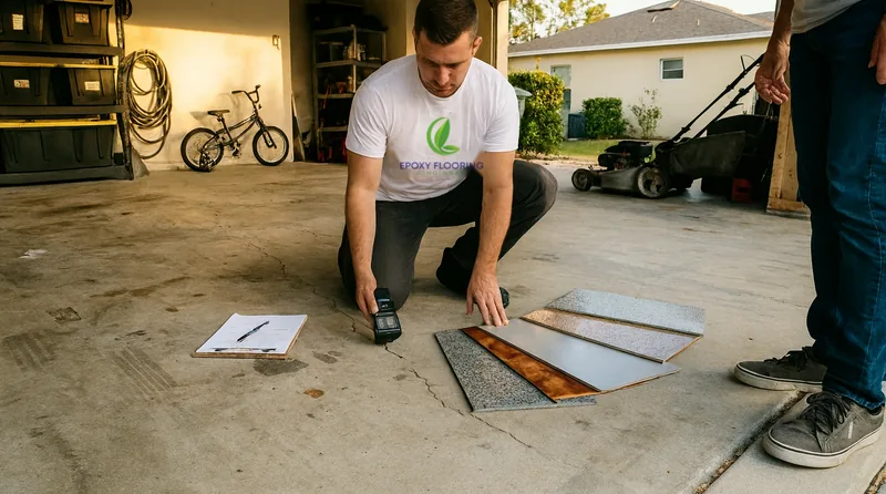 Installer kneeling on a bare garage slab beside finish samples during a first visit