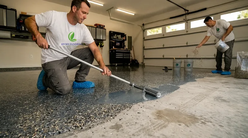 Two installers in Epoxy Flooring Cincinnati shirts rolling epoxy and scattering flake across a garage floor