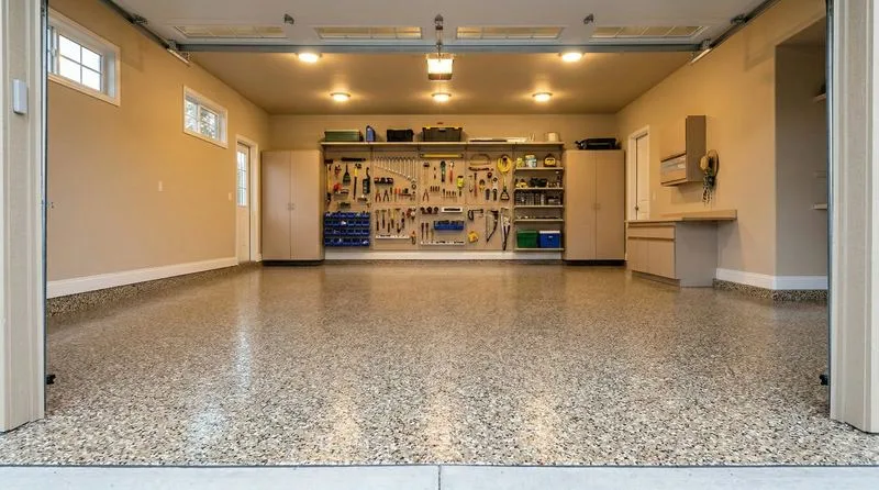 3-car garage decorative flake epoxy floor in Loveland, OH