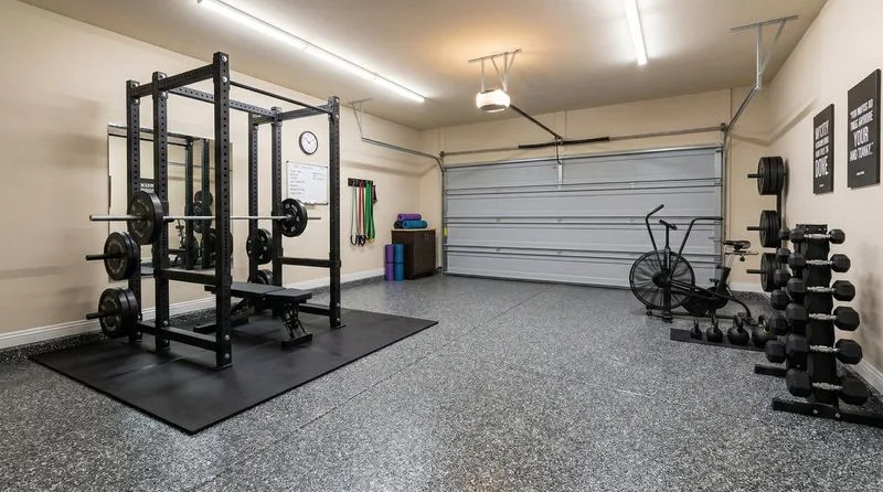 Garage gym charcoal flake epoxy floor in Springdale, OH