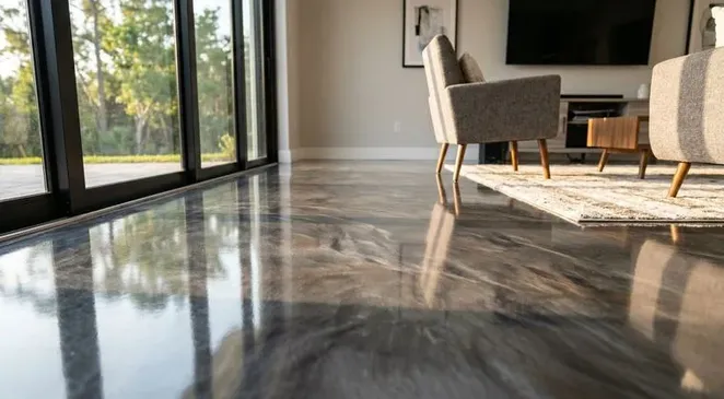 Living room gray metallic epoxy floor in Fairfield, OH
