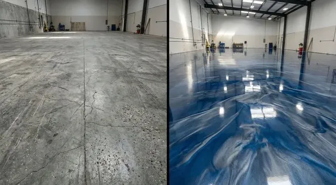 Shop floor before and after blue metallic epoxy in Mason, OH