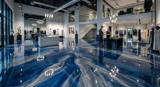 Blue metallic epoxy floor in a boutique showroom in Cincinnati, OH