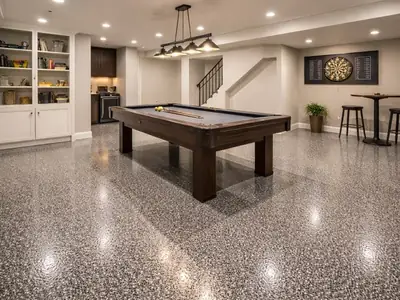 Rec room charcoal flake epoxy floor in Blue Ash, OH