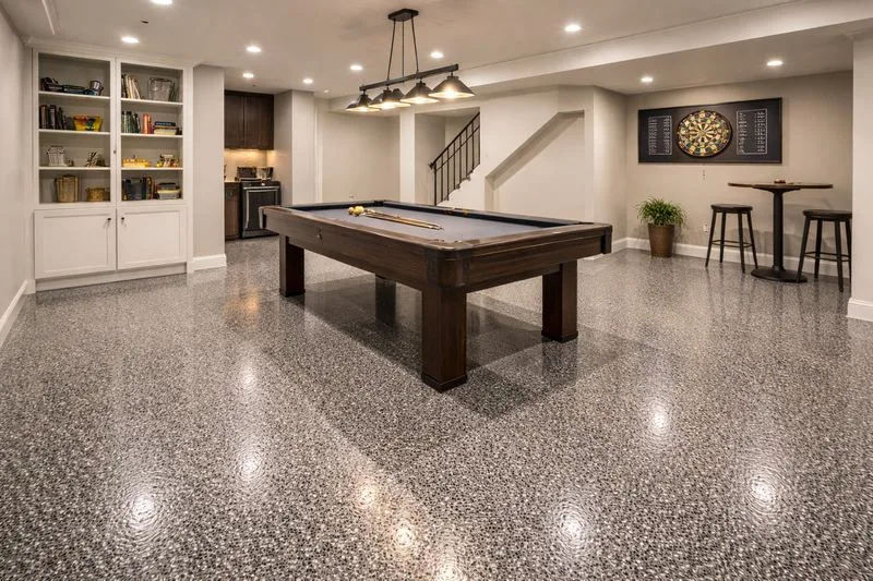 Rec room charcoal flake epoxy floor in Blue Ash, OH