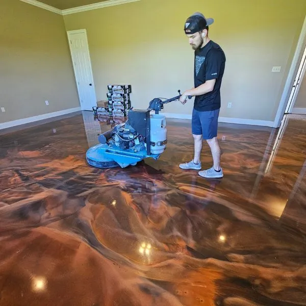 Metallic epoxy floor with marble-like finish in a home